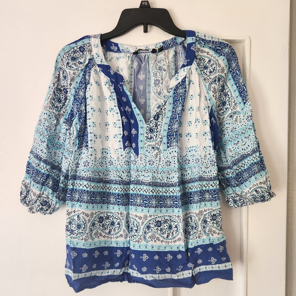 Blue and White Bohemian Blouse